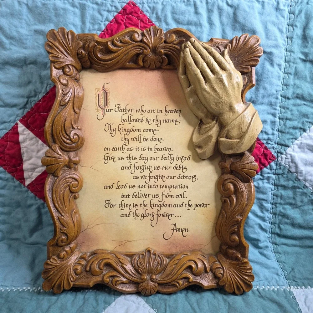 Vintage Lords Prayer Wall Plaque Faux Wood Frame Praying Hands Religious Decor